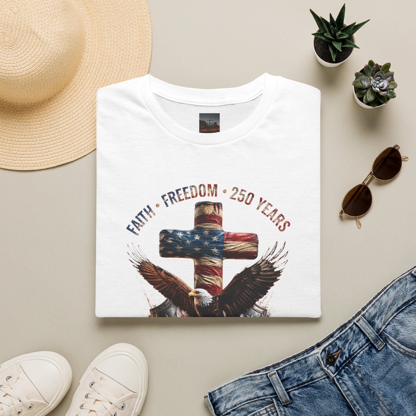 #250 Faith • Freedom 250 Years American Flag Cross & Eagle 1776-2026 T-Shirt