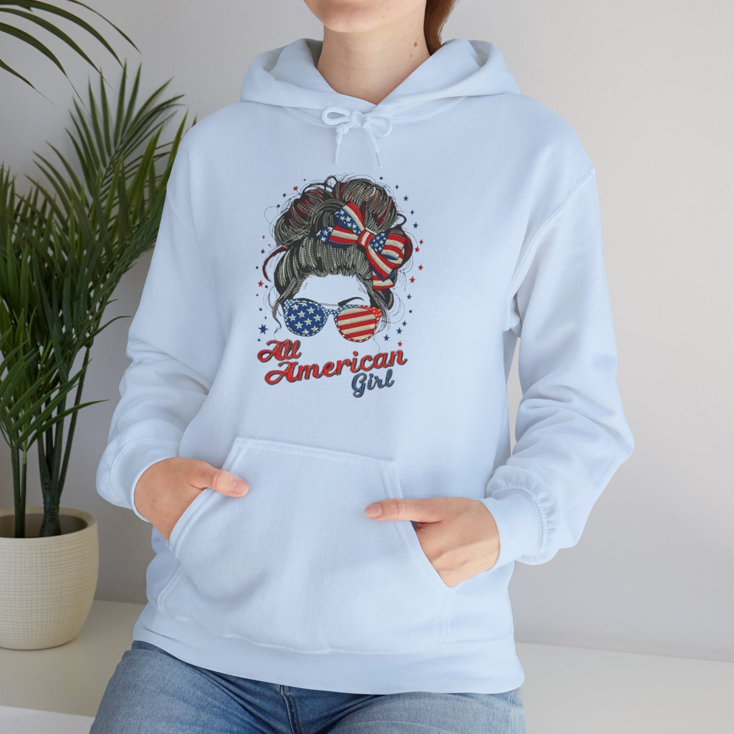 #250 "All American Girl" Patriotic Messy Bun Hoodie