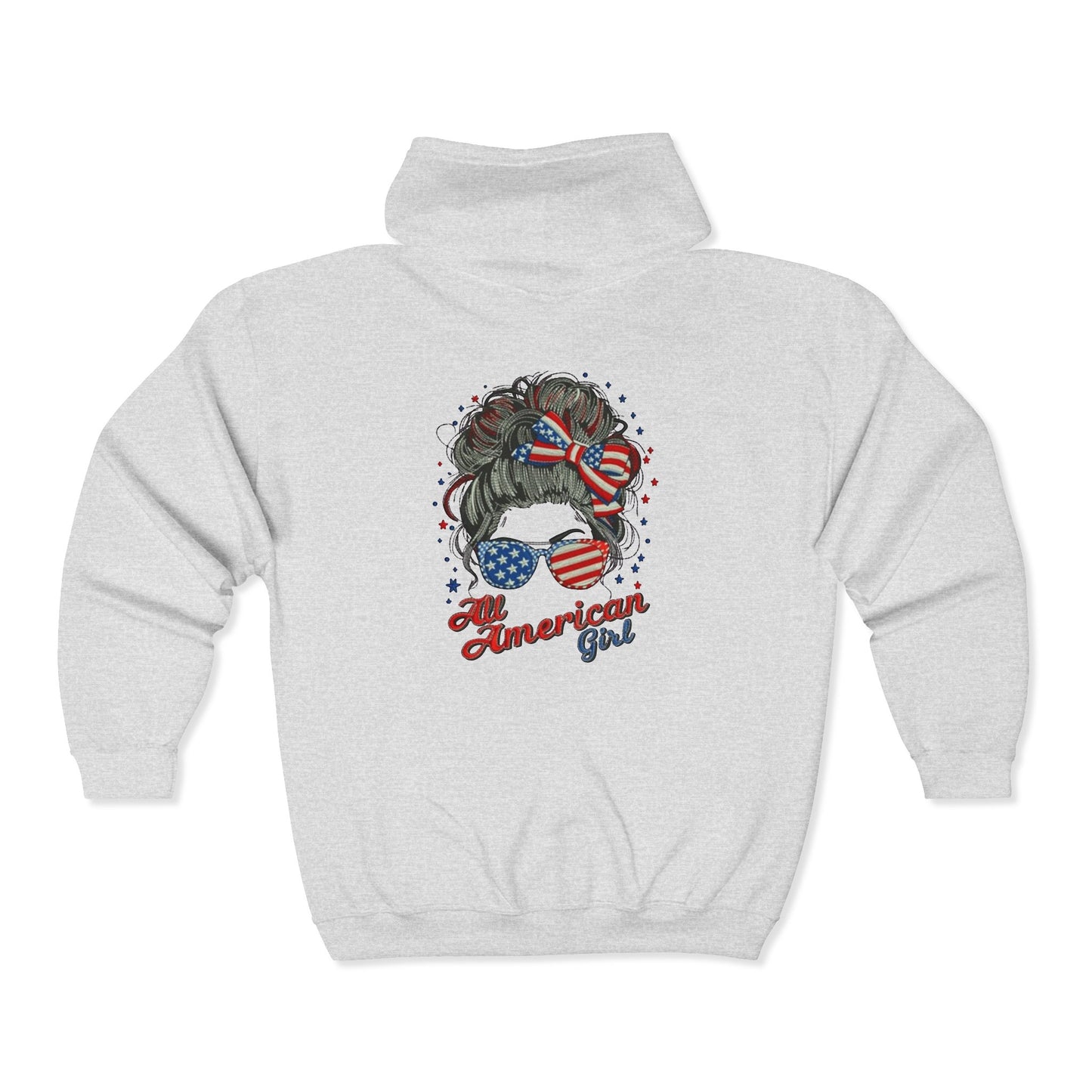 #250 "All American Girl" Patriotic Messy Bun Zip Hoodie