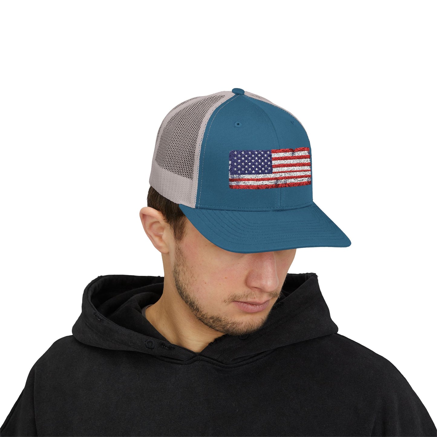 #250 Distressed American Flag Snapback Trucker Cap