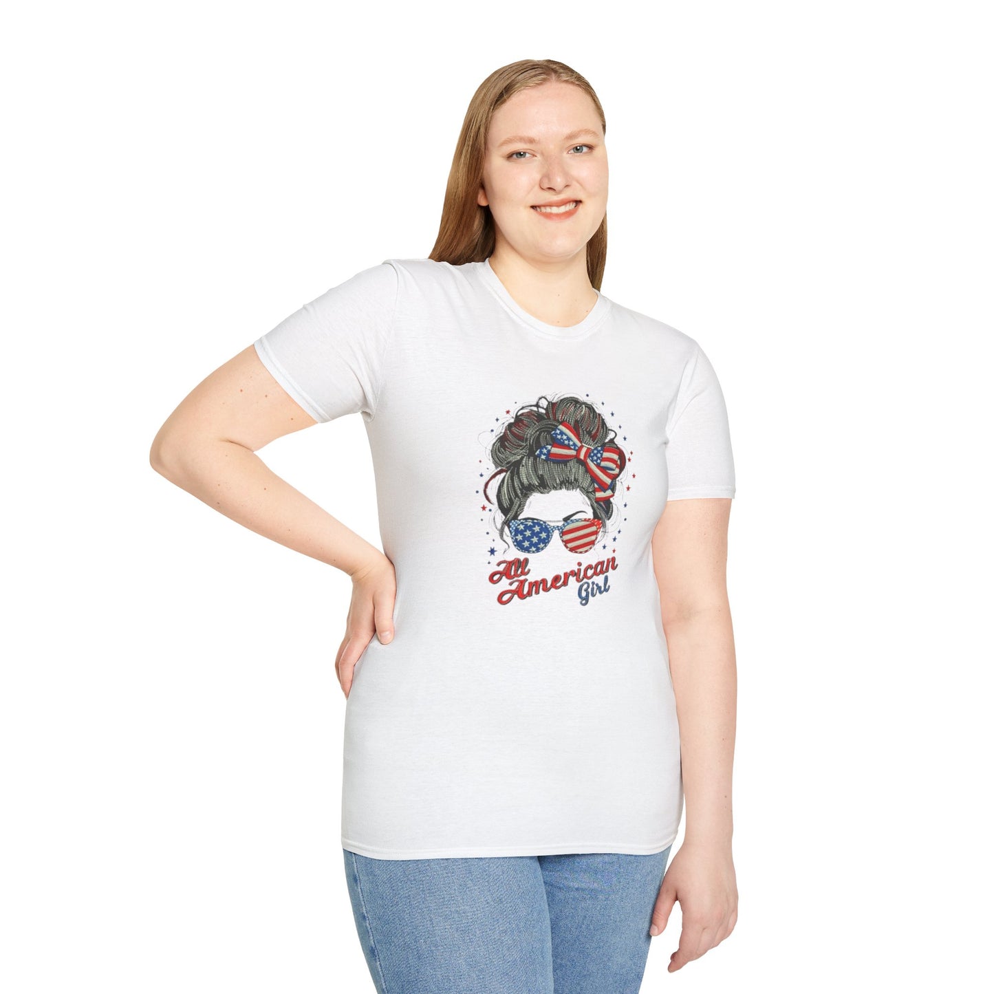 #250 "All American Girl" Patriotic Messy Bun T-Shirt