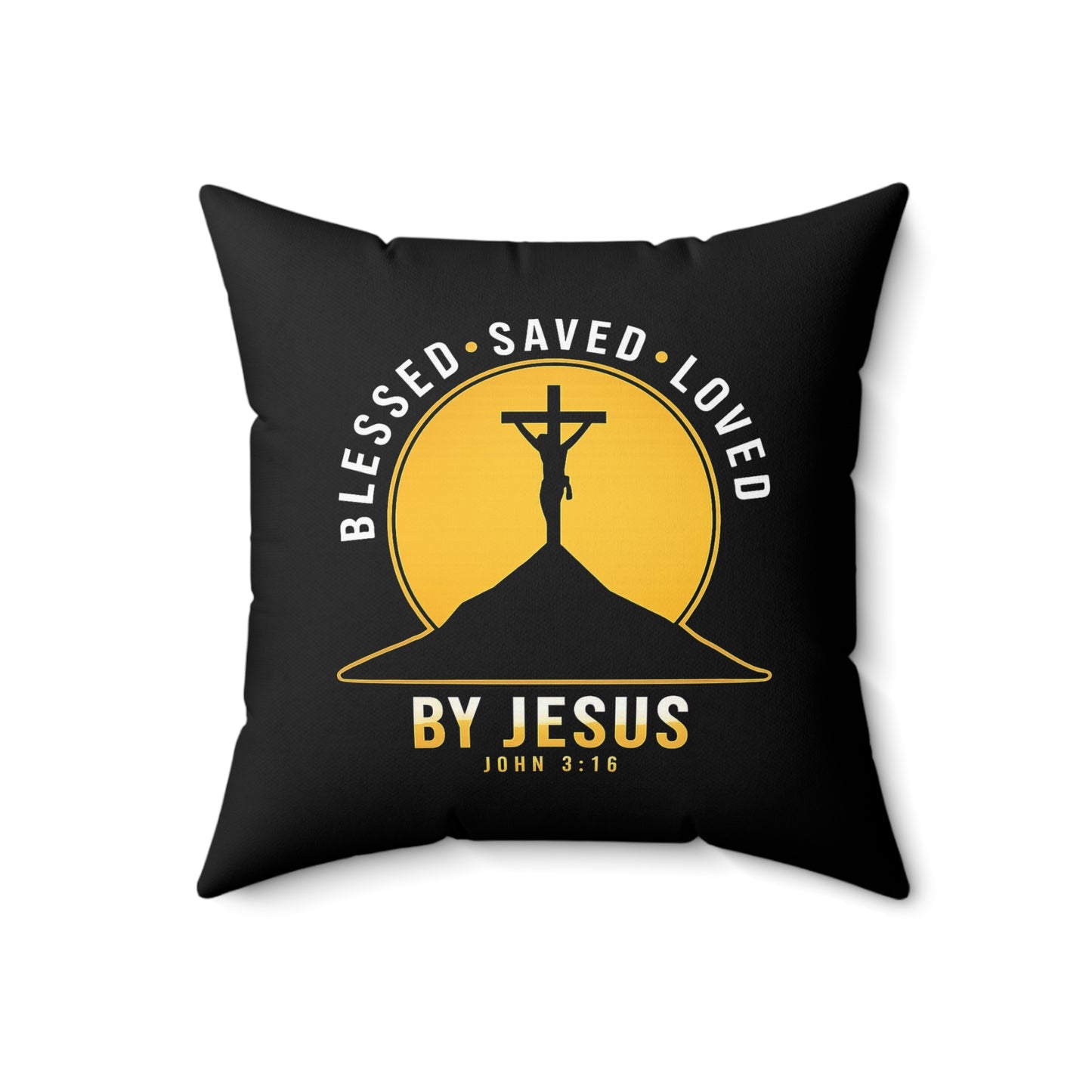 Blessed • Saved • Loved by Jesus Square Pillow — Christian Faith Decor (John 3:16)