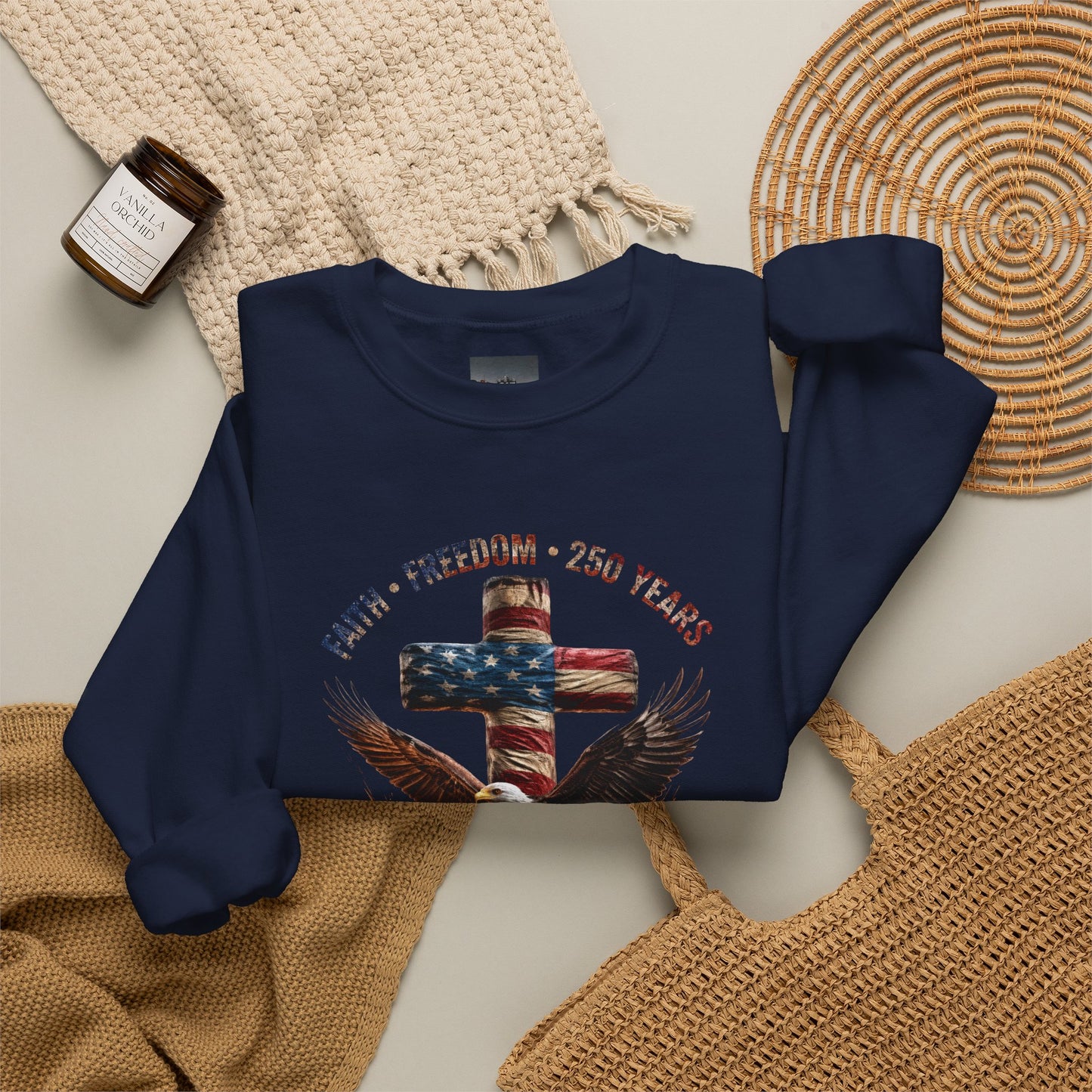 #250 Faith • Freedom 250 Years American Flag Cross & Eagle 1776-2026 Crewneck Sweatshirt