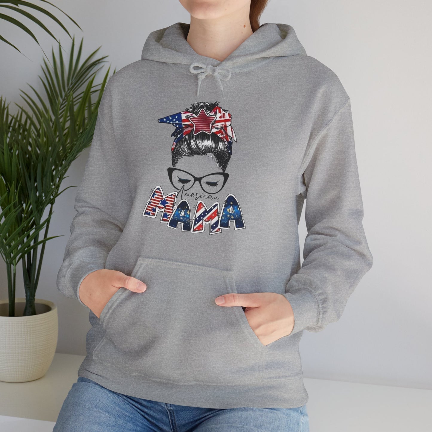 #250 Mama USA Flag Messy Bun Hoodie