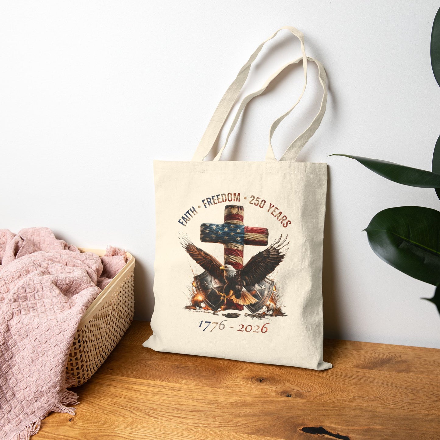#250 Faith • Freedom 250 Years American Flag Cross & Eagle 1776-2026 Canvas Tote
