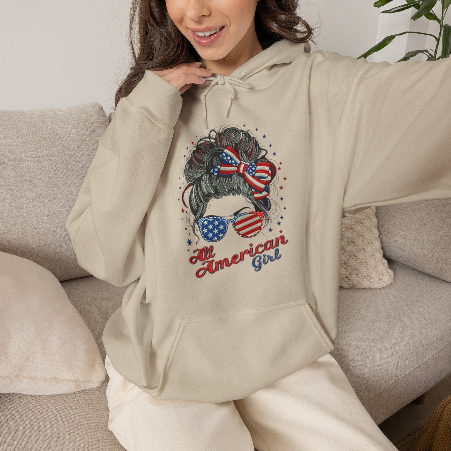 #250 "All American Girl" Patriotic Messy Bun Hoodie