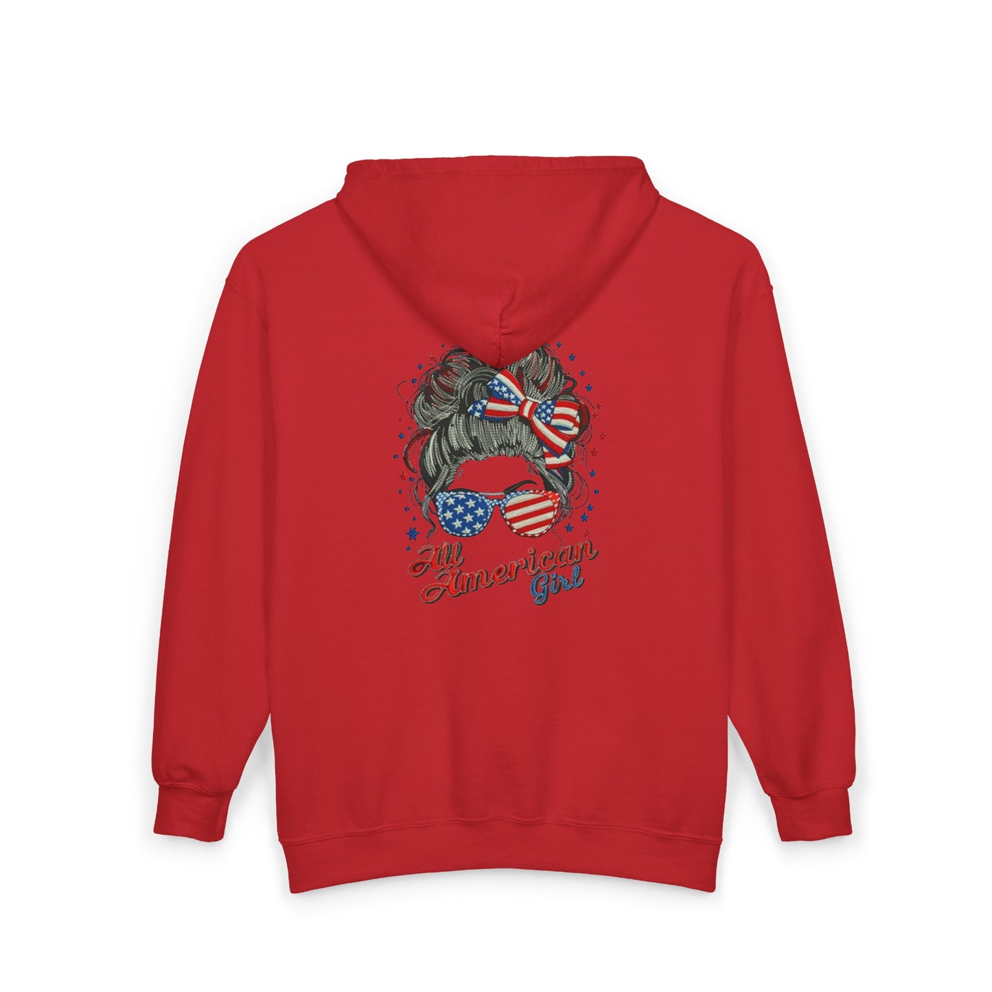 #250 "All American Girl" Patriotic Messy Bun Zip Hoodie