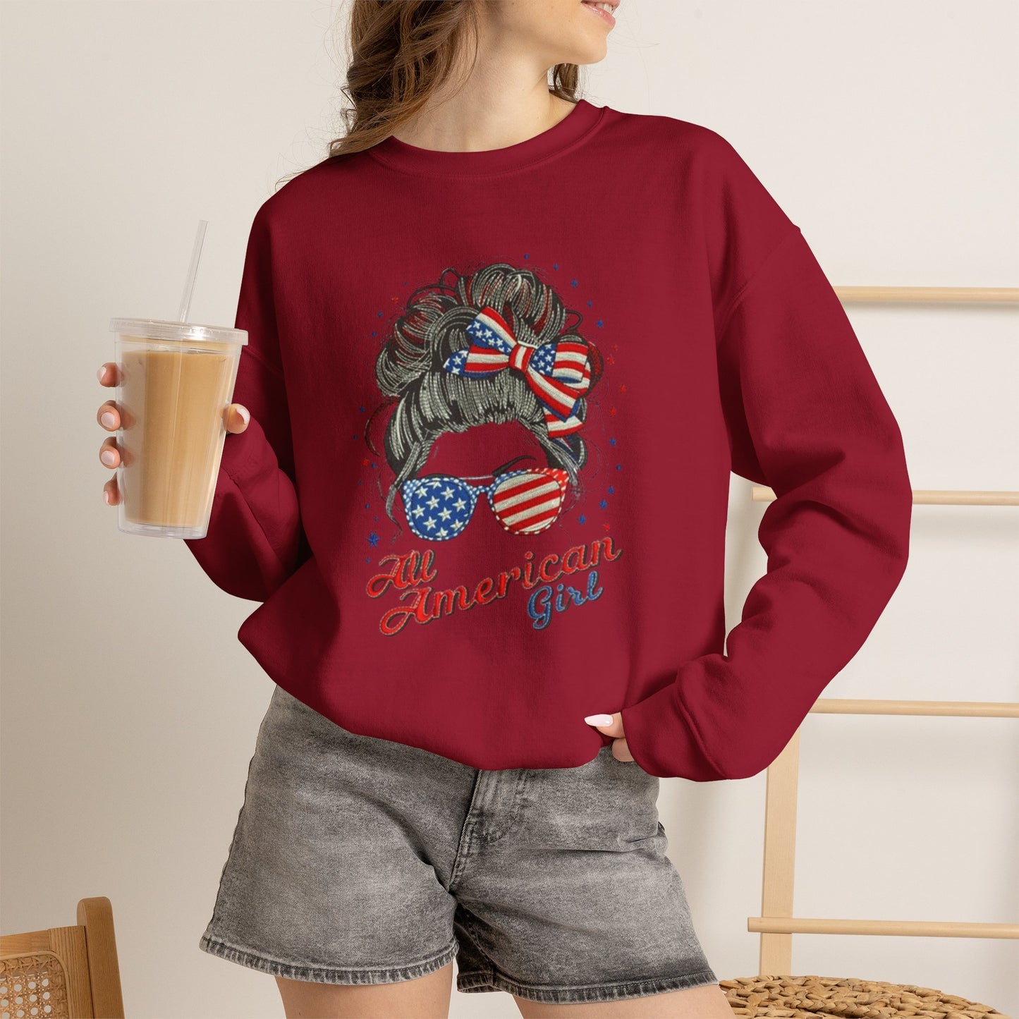#250 "All American Girl" Patriotic Messy Bun Sweatshirt