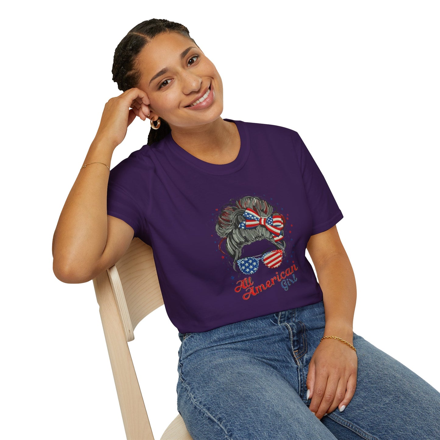 #250 "All American Girl" Patriotic Messy Bun T-Shirt