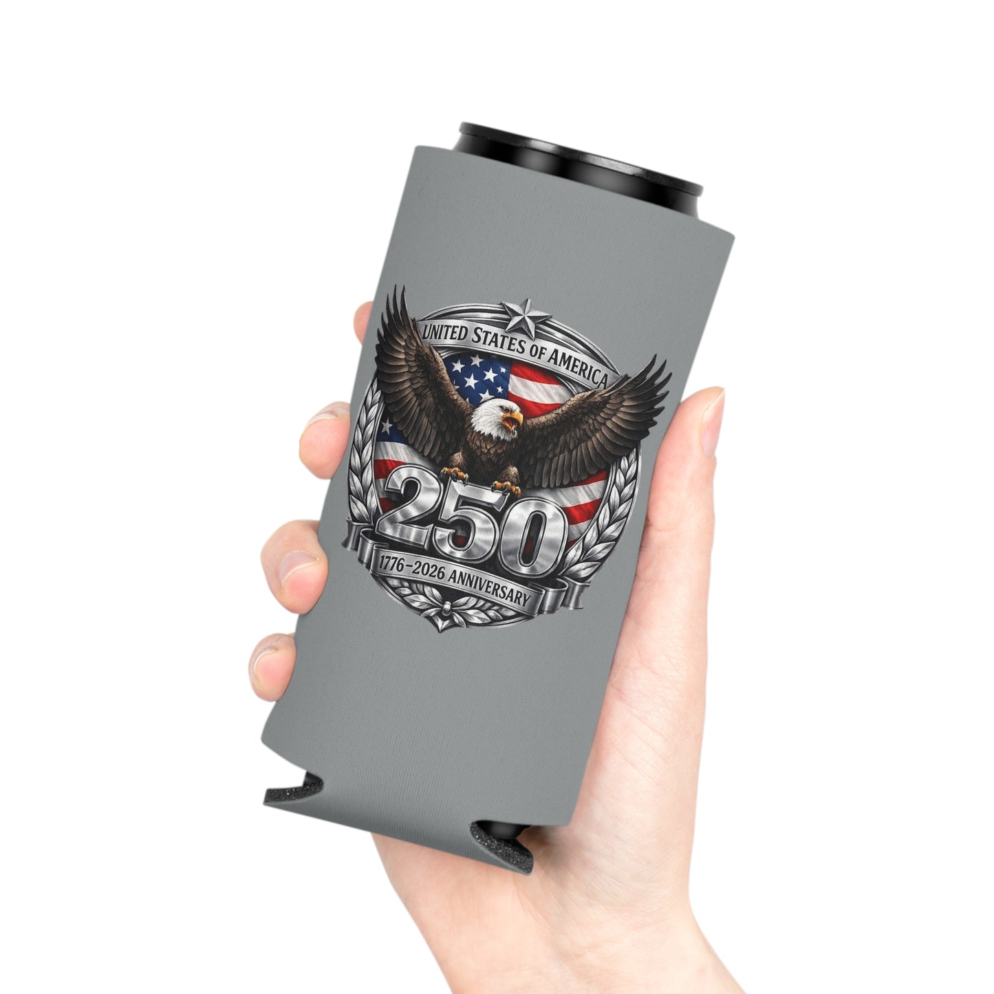 #250 Patriotic Bald Eagle 250 United States Emblem Can Cooler - Beverage Koozie
