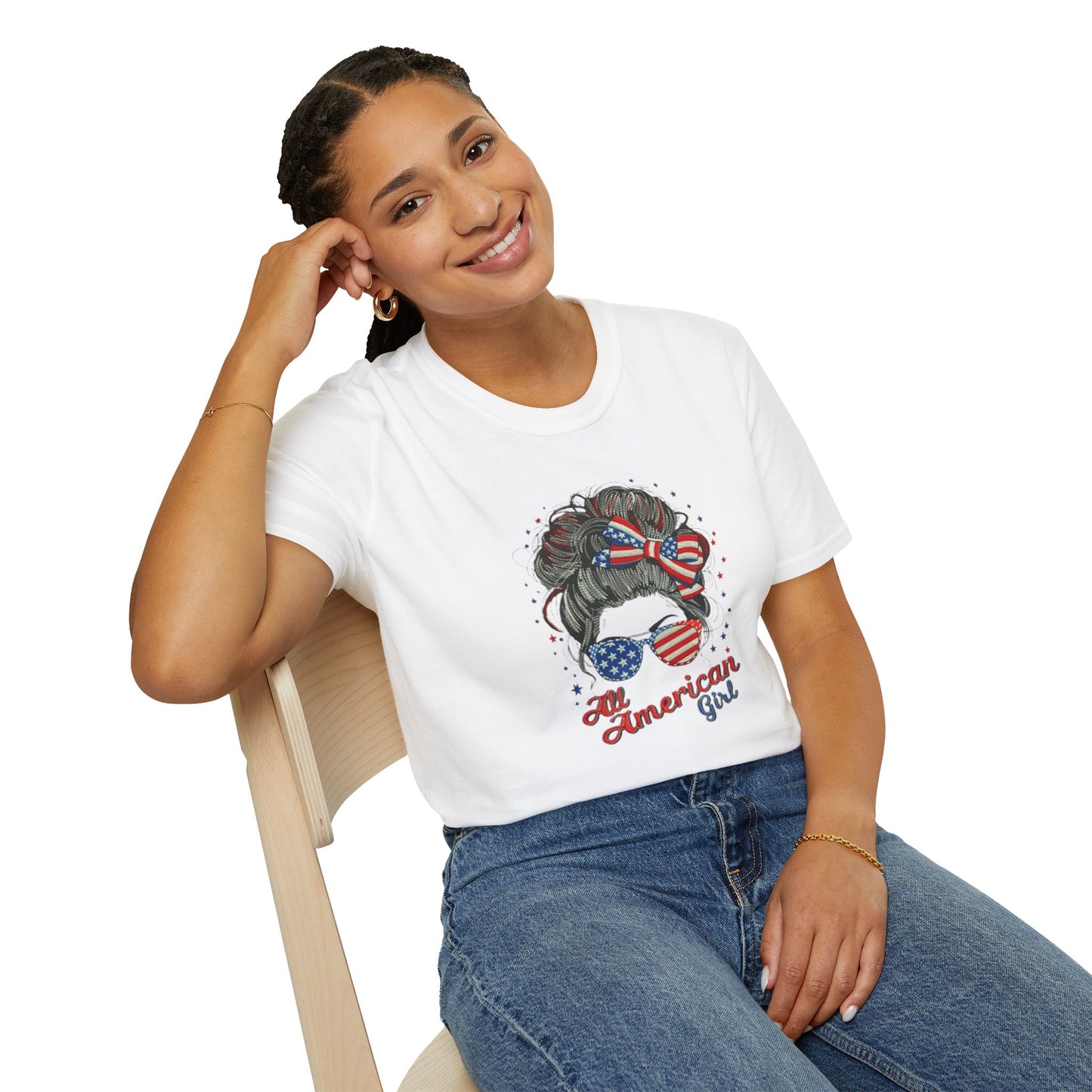 #250 "All American Girl" Patriotic Messy Bun T-Shirt