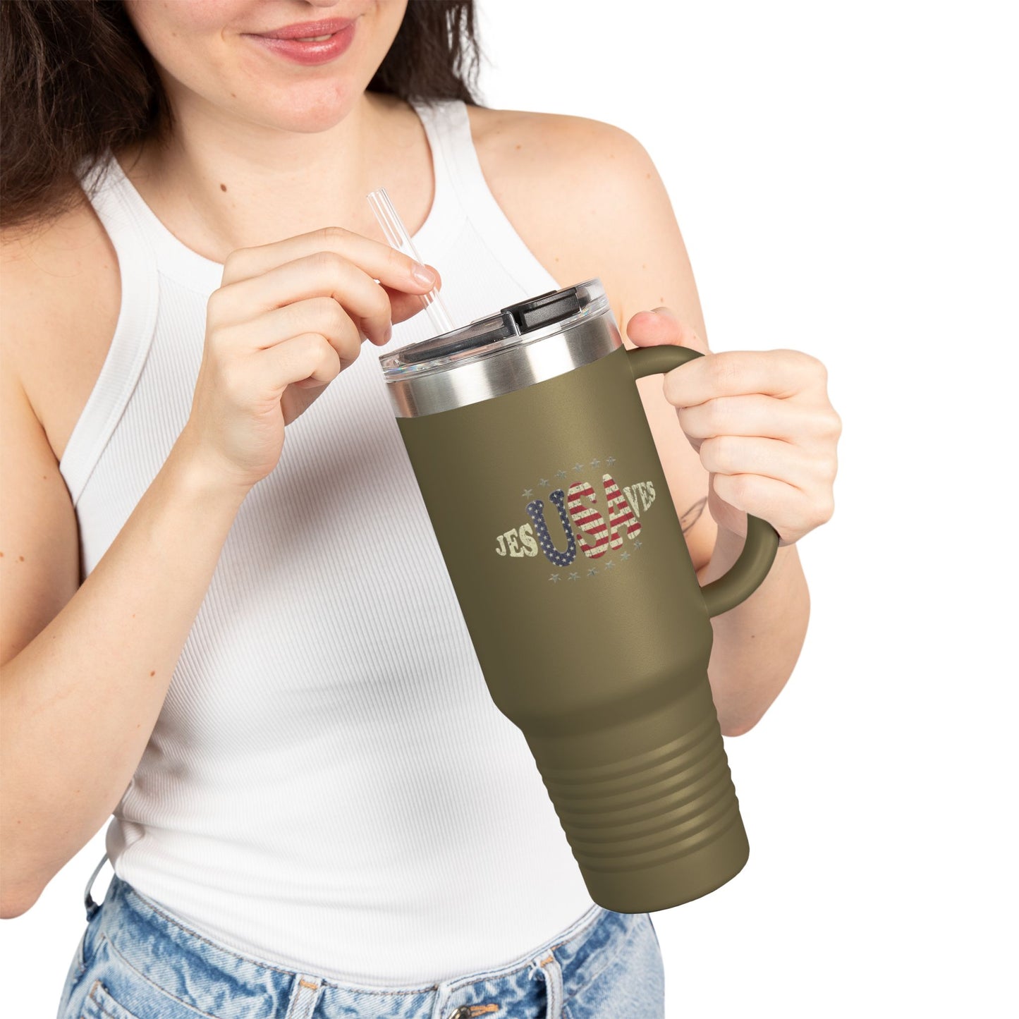 JesUSAves Patriotic 40oz Insulated Travel Mug – American Flag Christian Faith Steel Tumbler