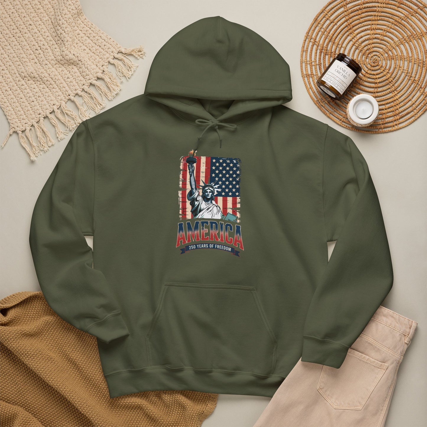 #250 Statue of Liberty American Flag 'America' Patriotic Independence Day Hoodie