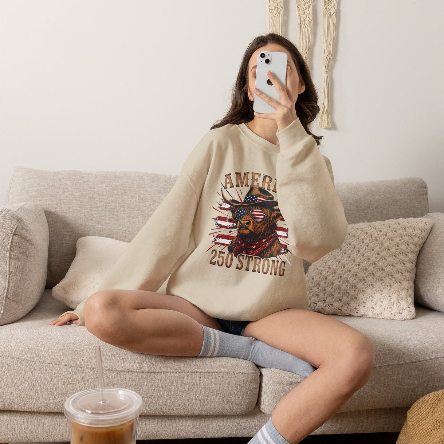#250 America 250 Strong Patriotic Bull with American Flag Sweatshirt