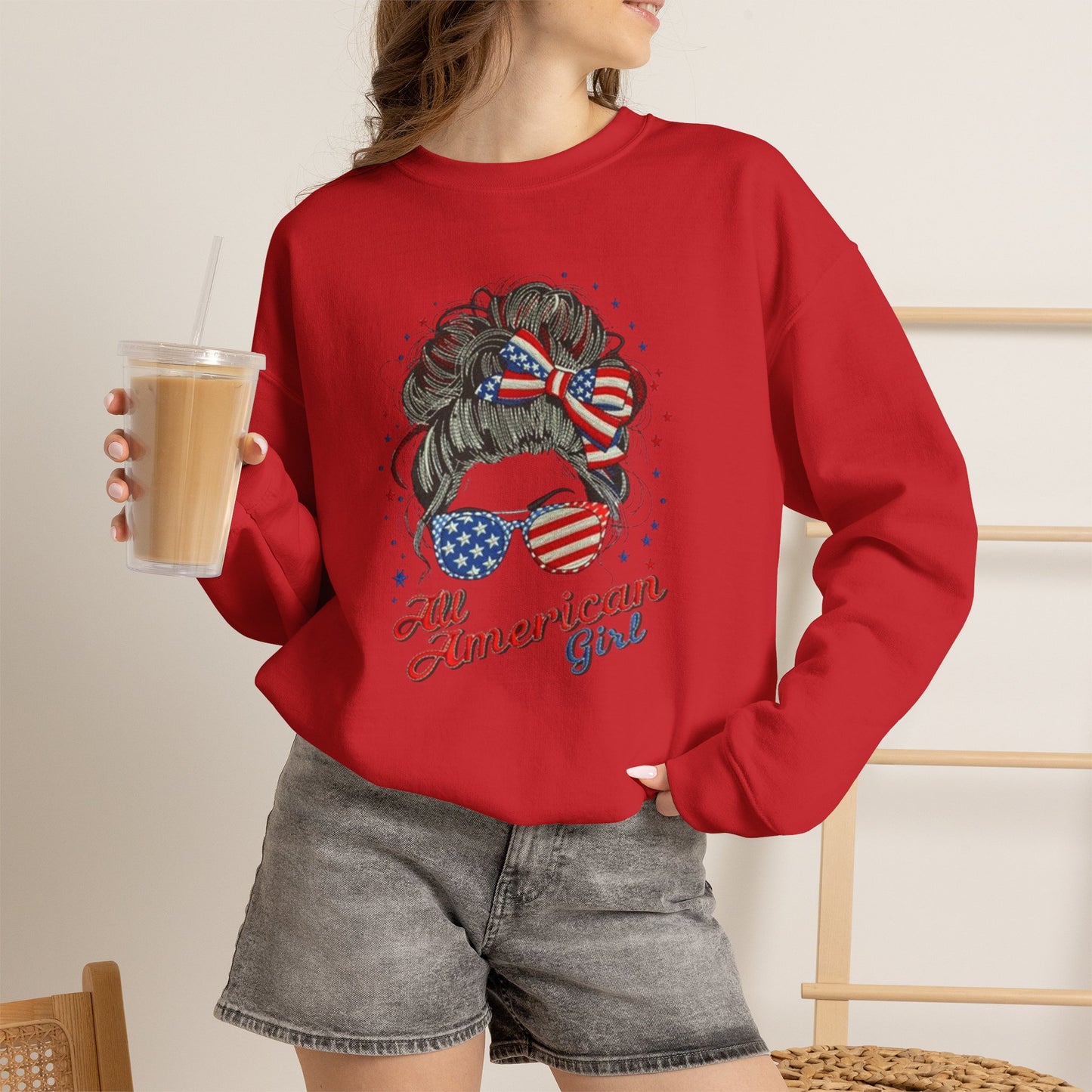 #250 "All American Girl" Patriotic Messy Bun Sweatshirt