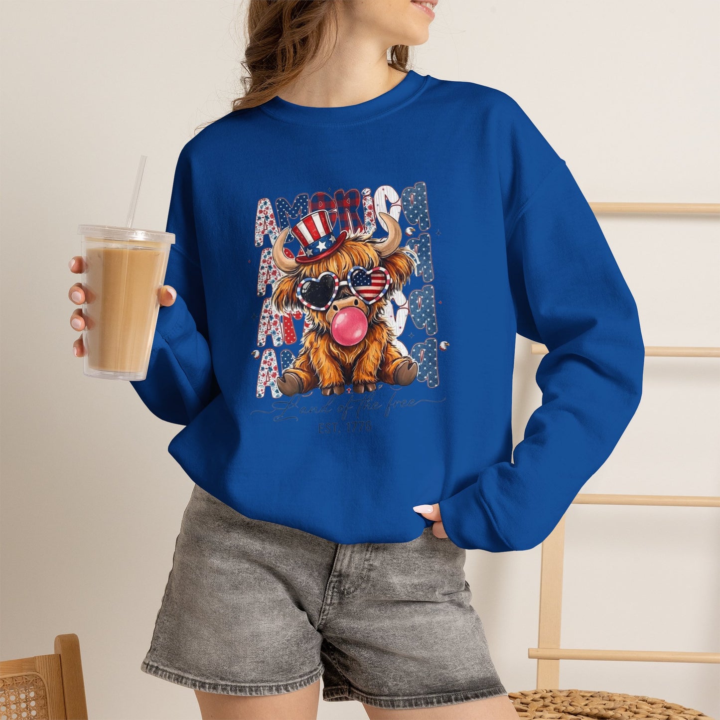 #250 American Flag Bubblegum Patriotic Highland Cow Sweatshirt