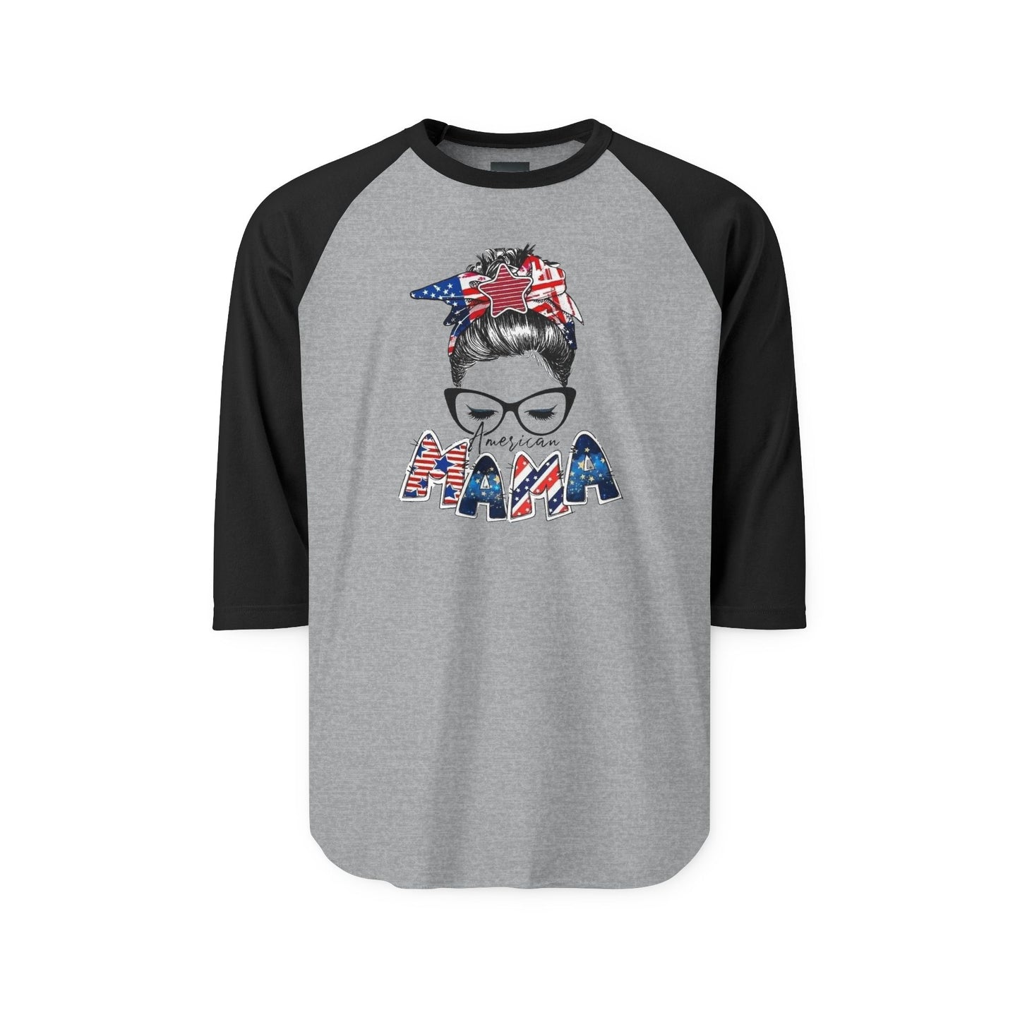 #250 Mama USA Flag Messy Bun Raglan 3/4 Sleeve Baseball Tee