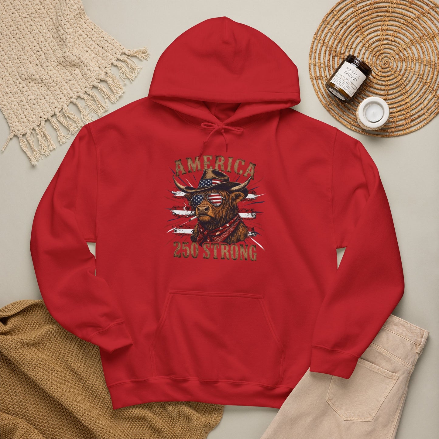 #250 America 250 Strong Patriotic Bull with American Flag Hoodie