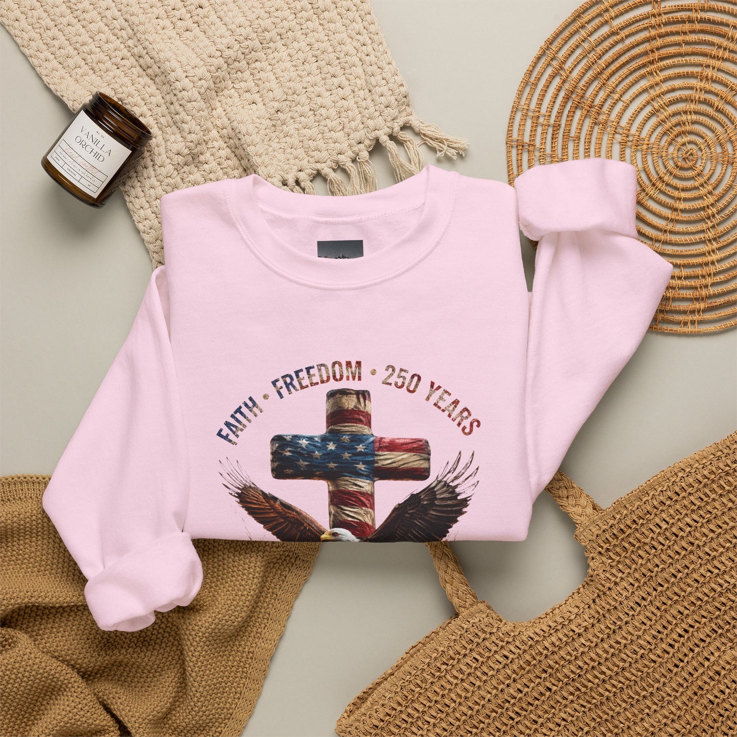 #250 Faith • Freedom 250 Years American Flag Cross & Eagle 1776-2026 Crewneck Sweatshirt