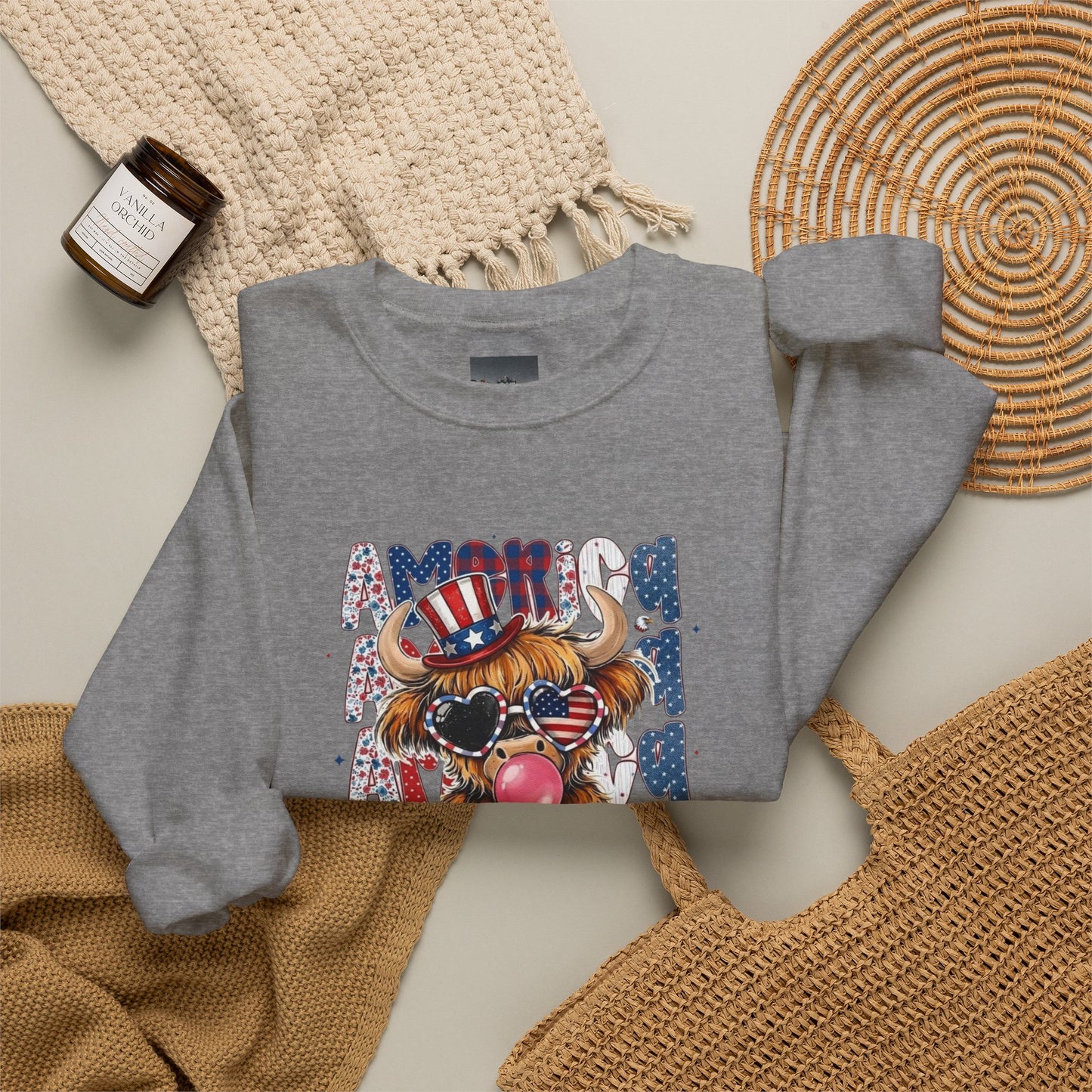 #250 American Flag Bubblegum Patriotic Highland Cow Sweatshirt