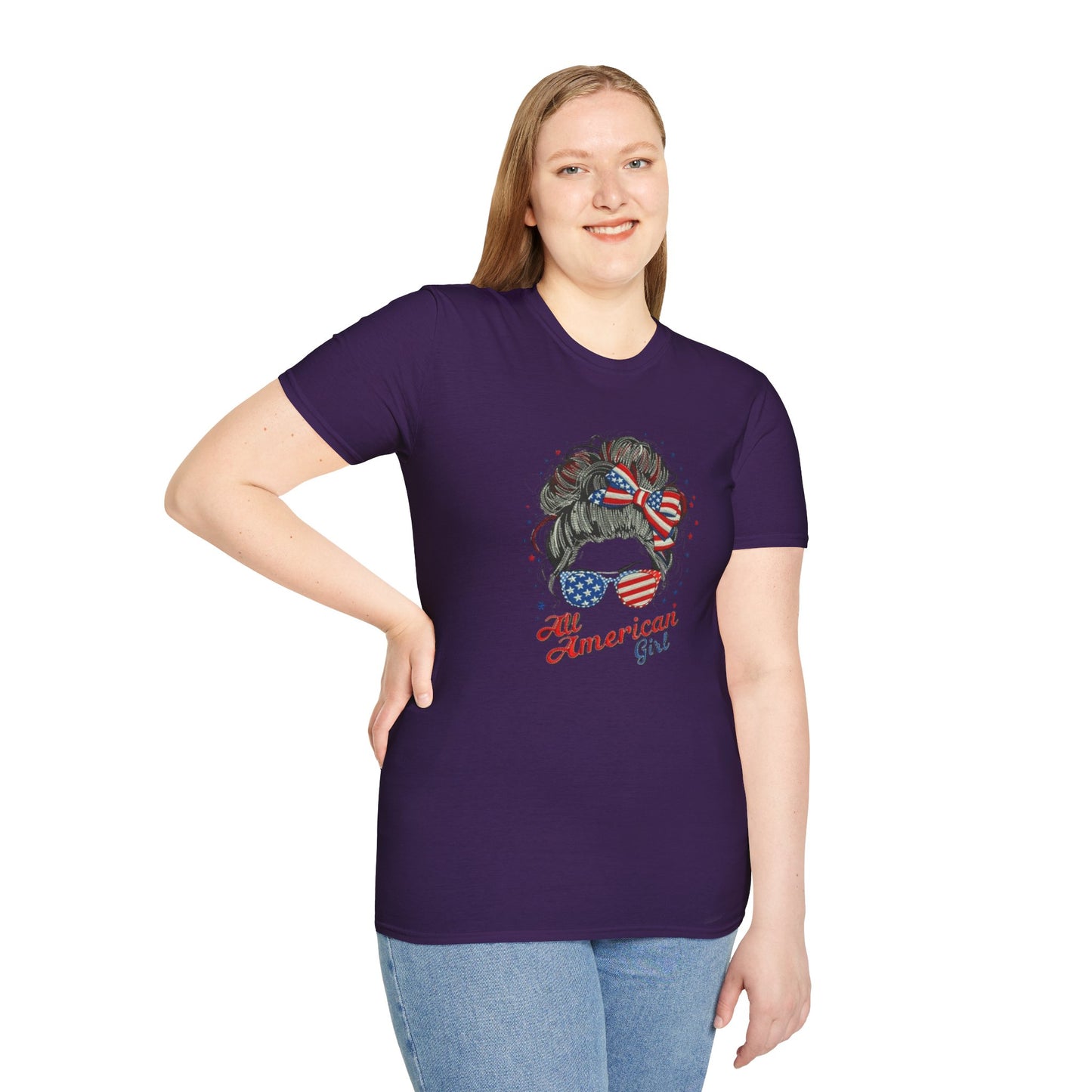 #250 "All American Girl" Patriotic Messy Bun T-Shirt