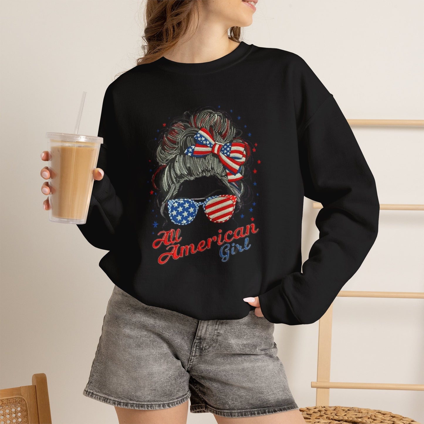 #250 "All American Girl" Patriotic Messy Bun Sweatshirt