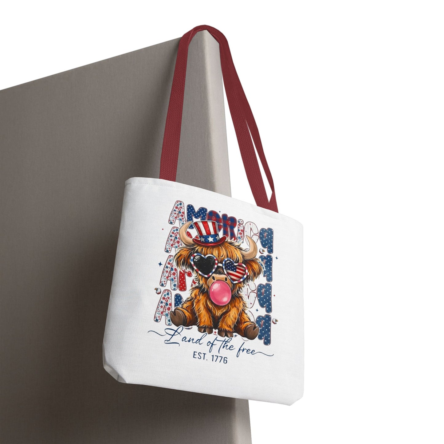 #250 American Flag Bubblegum Patriotic Highland Cow Tote Bag