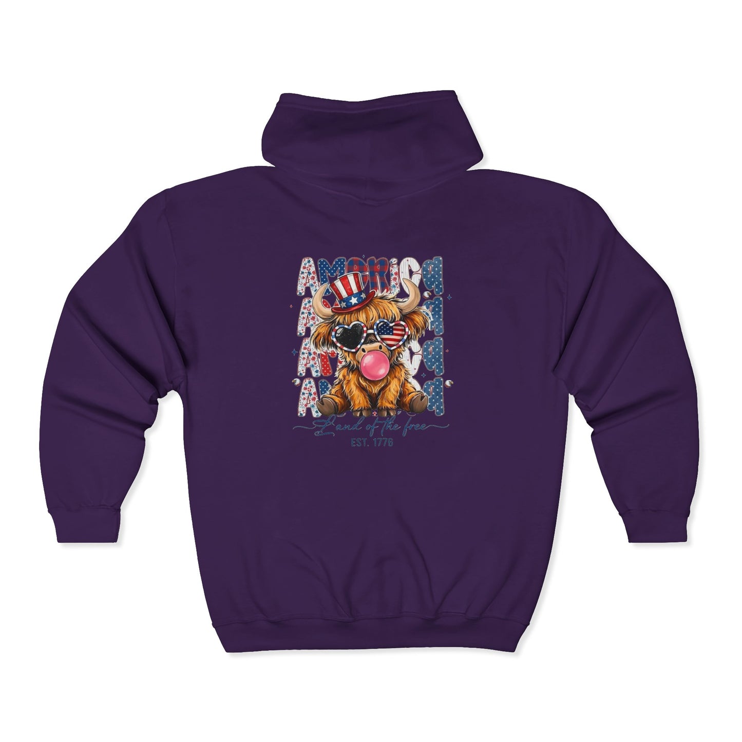 #250 American Flag Bubblegum Patriotic Highland Cow Zip Hoodie