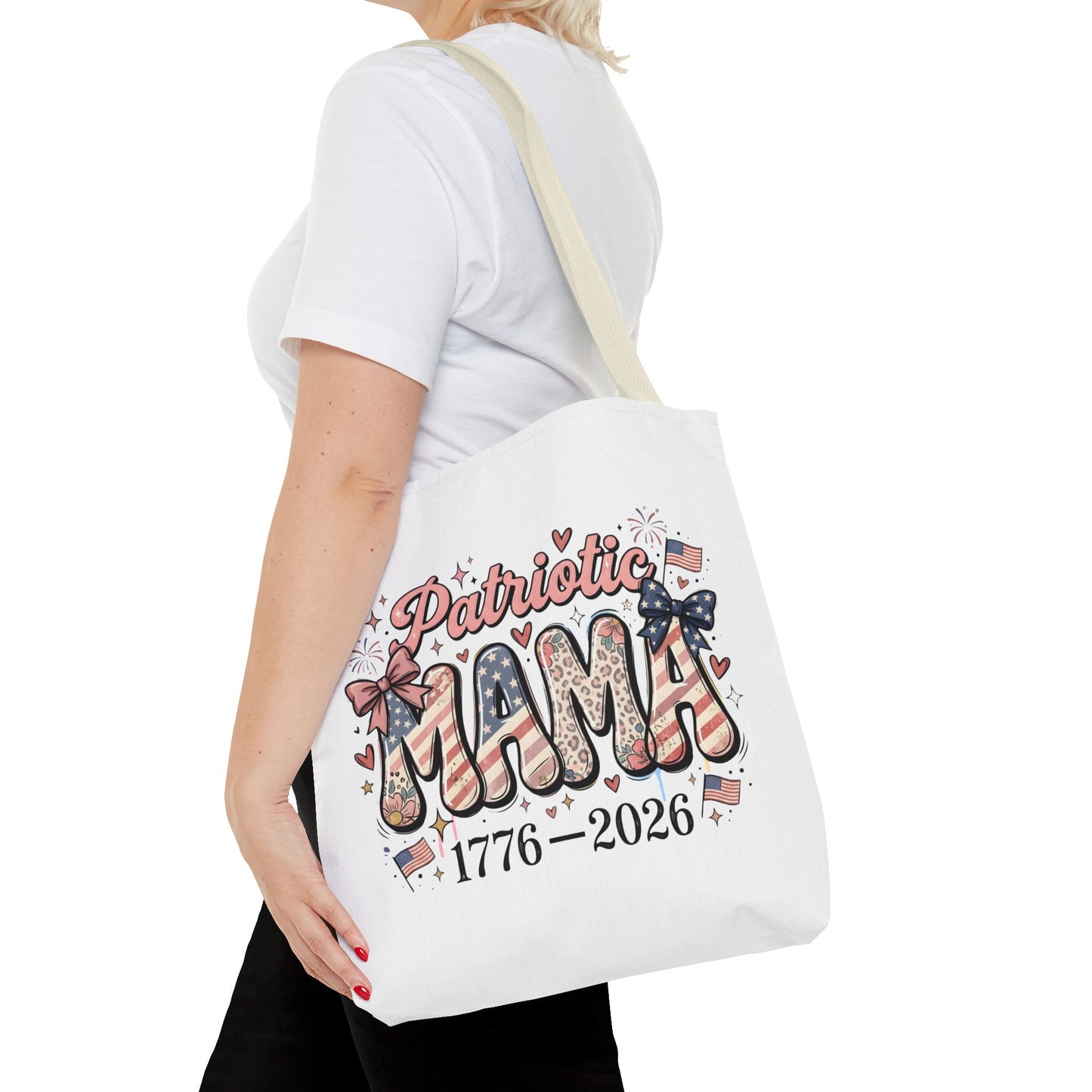 #250 Patriotic Mama 1776–2026 American Flag Tote Bag