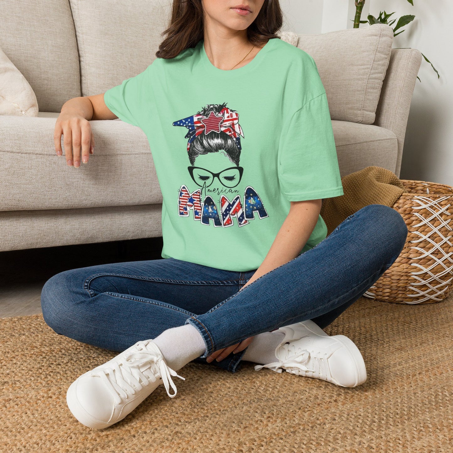Mama USA Flag Messy Bun T-Shirt