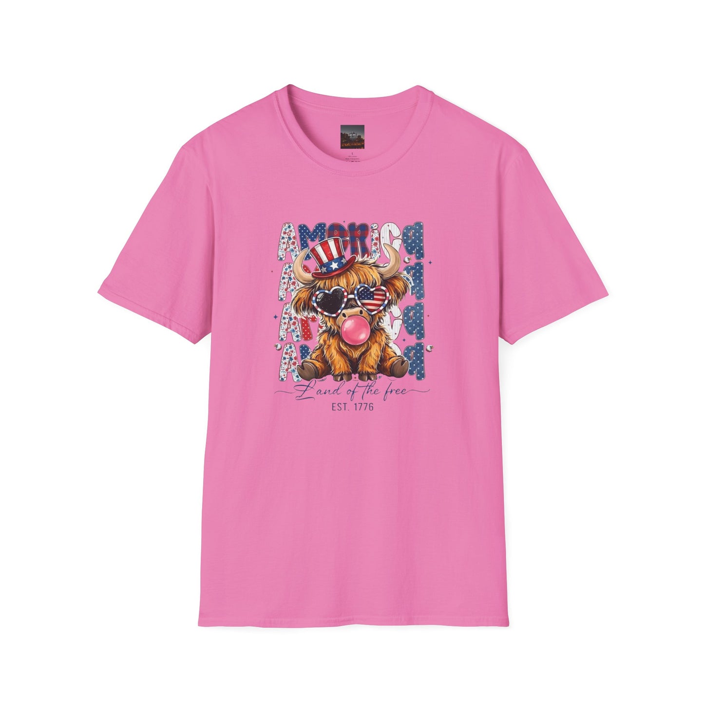 #250 American Flag Bubblegum Patriotic Highland Cow T-Shirt