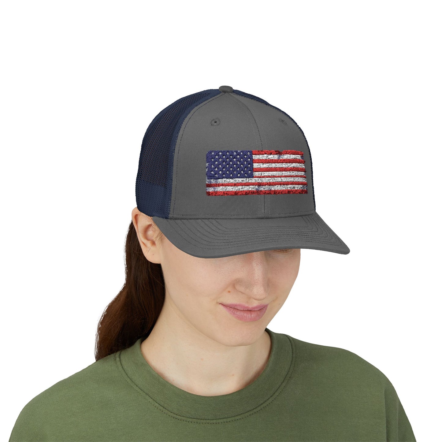 #250 Distressed American Flag Snapback Trucker Cap