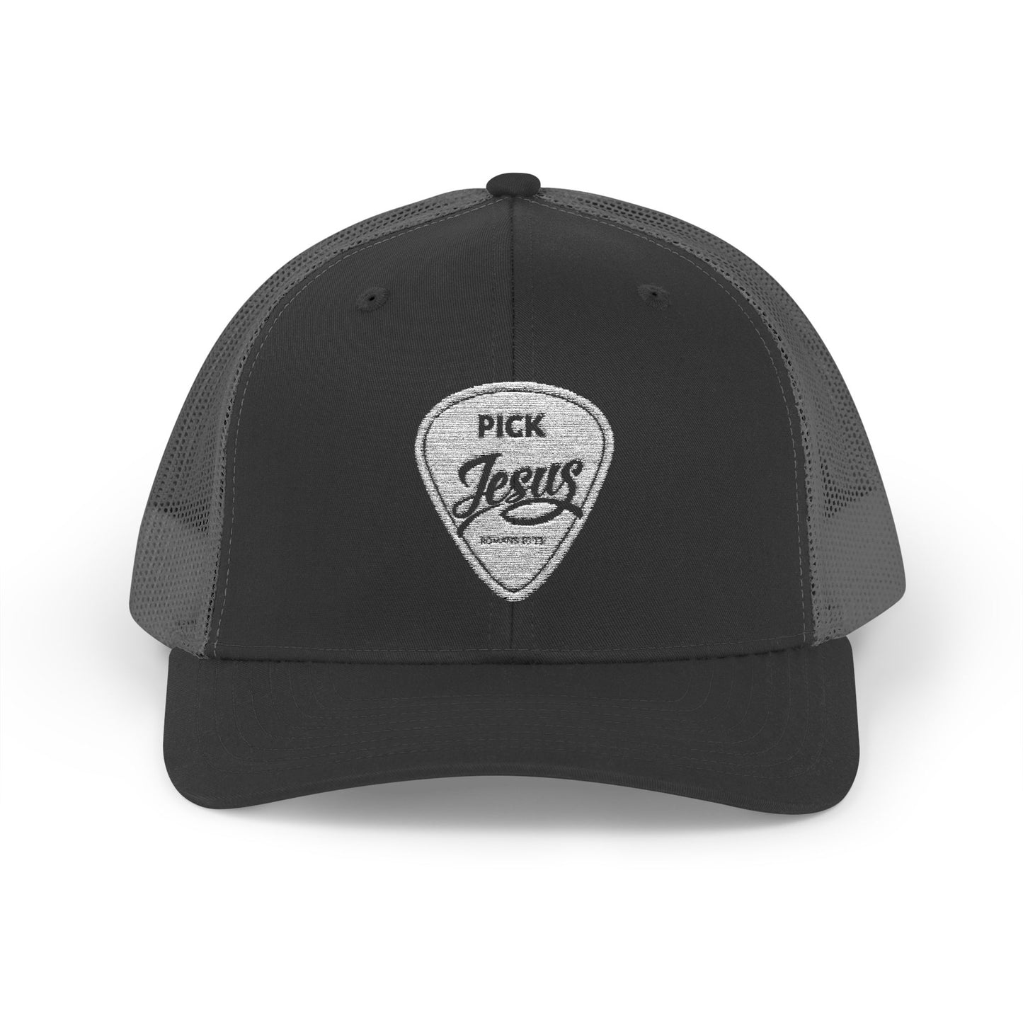 Pick Jesus Guitar Pick Snapback Trucker Cap Christian Guitar Pick Design (Romans 10:13)