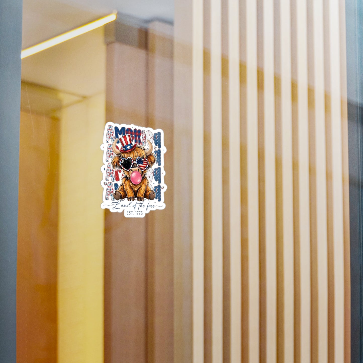#250 American Flag Bubblegum Patriotic Highland Cow Vinyl Sticker Kiss-Cut Decal (Fourth of July)