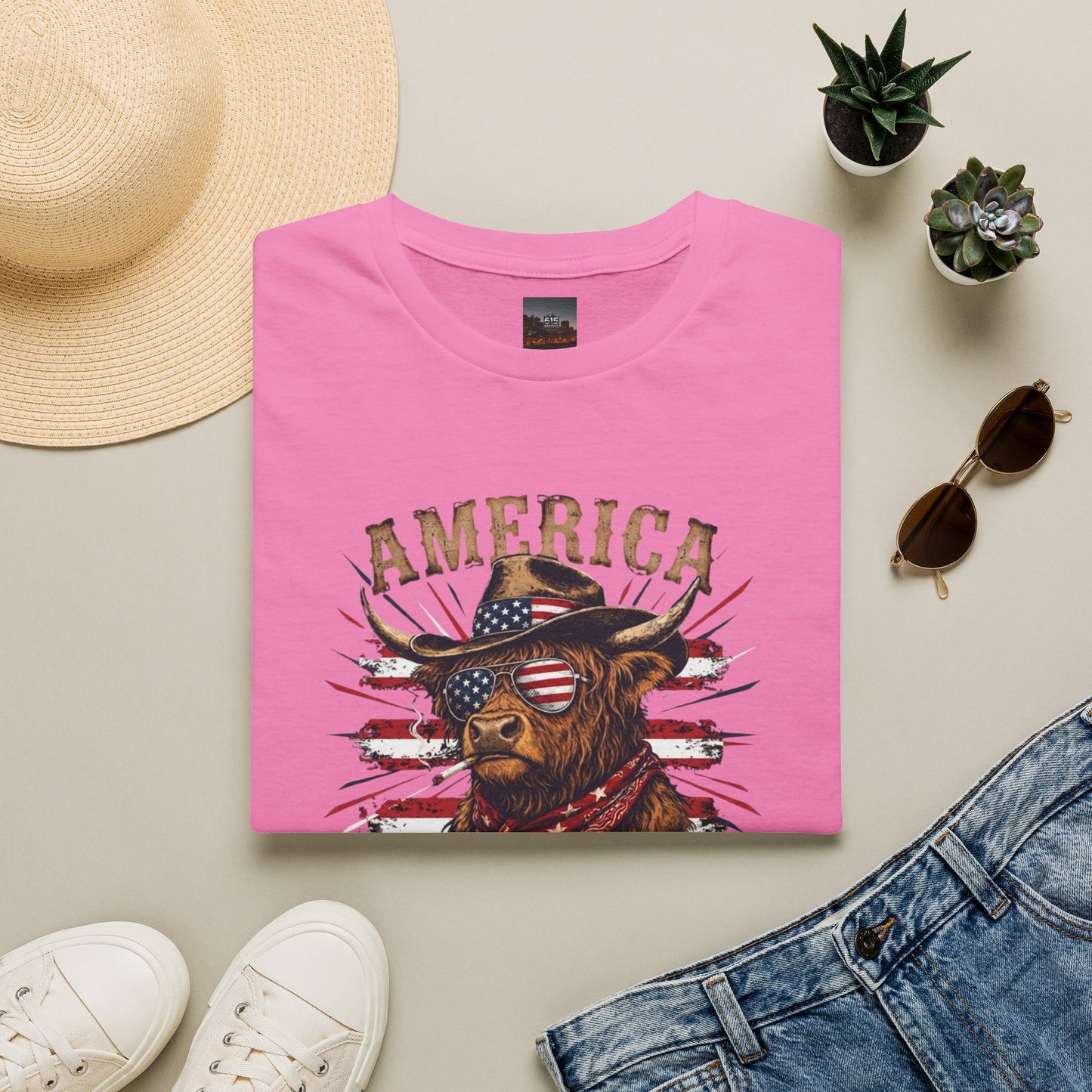 #250 America 250 Strong Patriotic Bull with American Flag T-Shirt