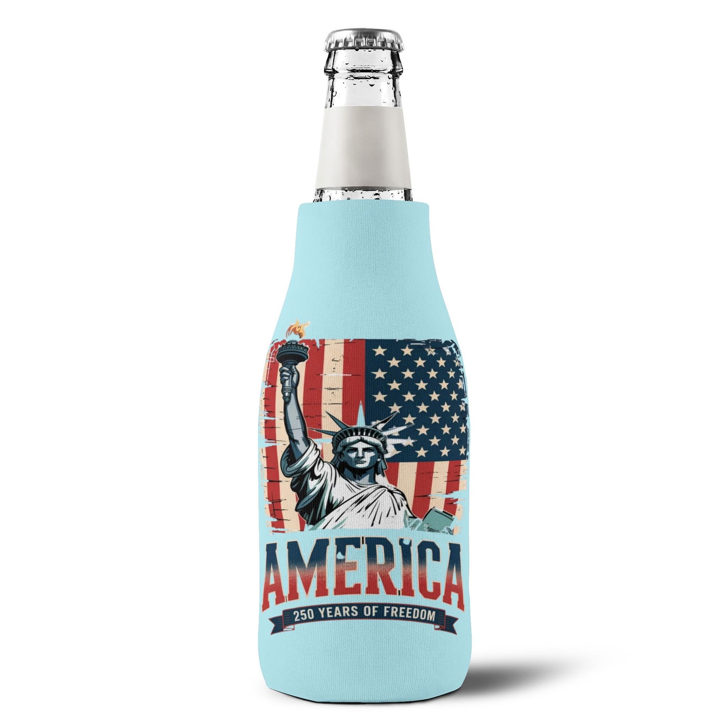 #250 Statue of Liberty American Flag 'America' Patriotic Independence Day Zip-Up Bottle Cooler Sleeve Koozie