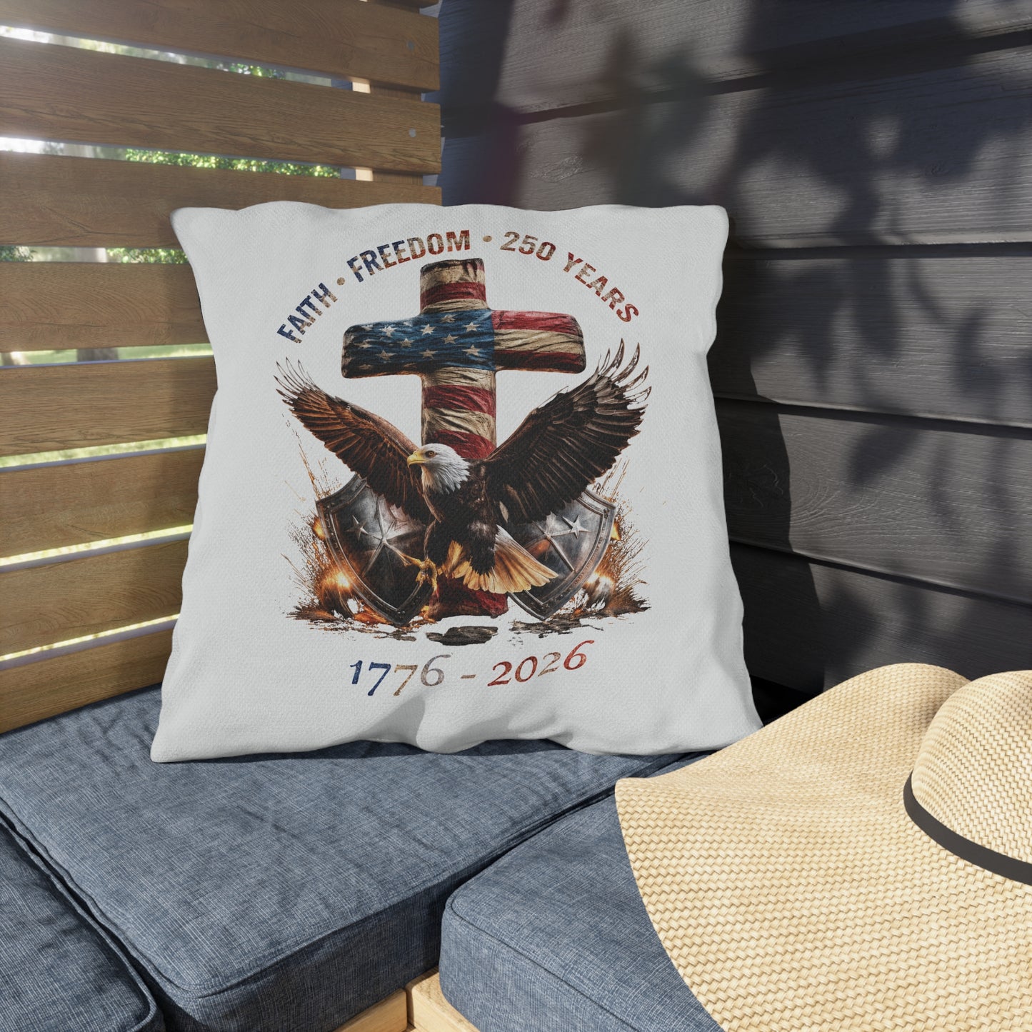 #250 Faith • Freedom 250 Years American Flag Cross & Eagle 1776-2026 Outdoor Throw Pillow