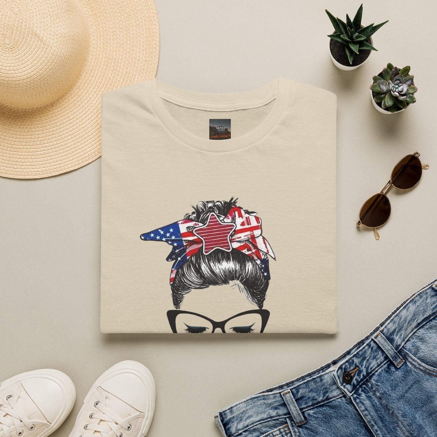 Mama USA Flag Messy Bun T-Shirt