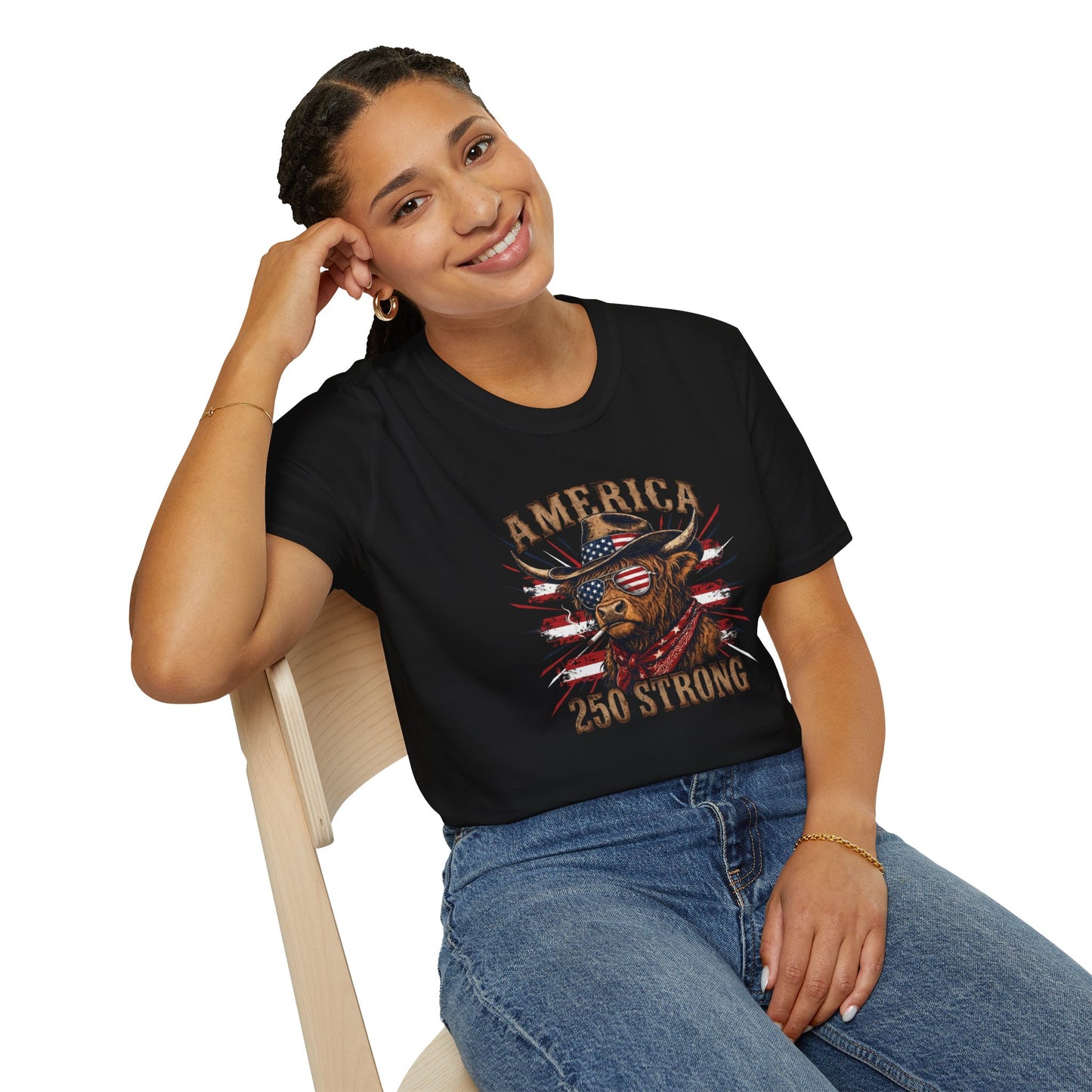 #250 America 250 Strong Patriotic Bull with American Flag T-Shirt