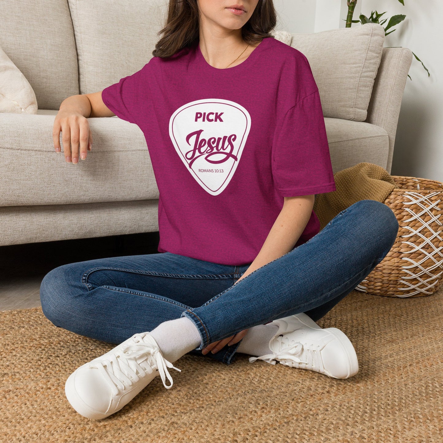 Pick Jesus T-Shirt — Christian Guitar Pick Design (Romans 10:13)