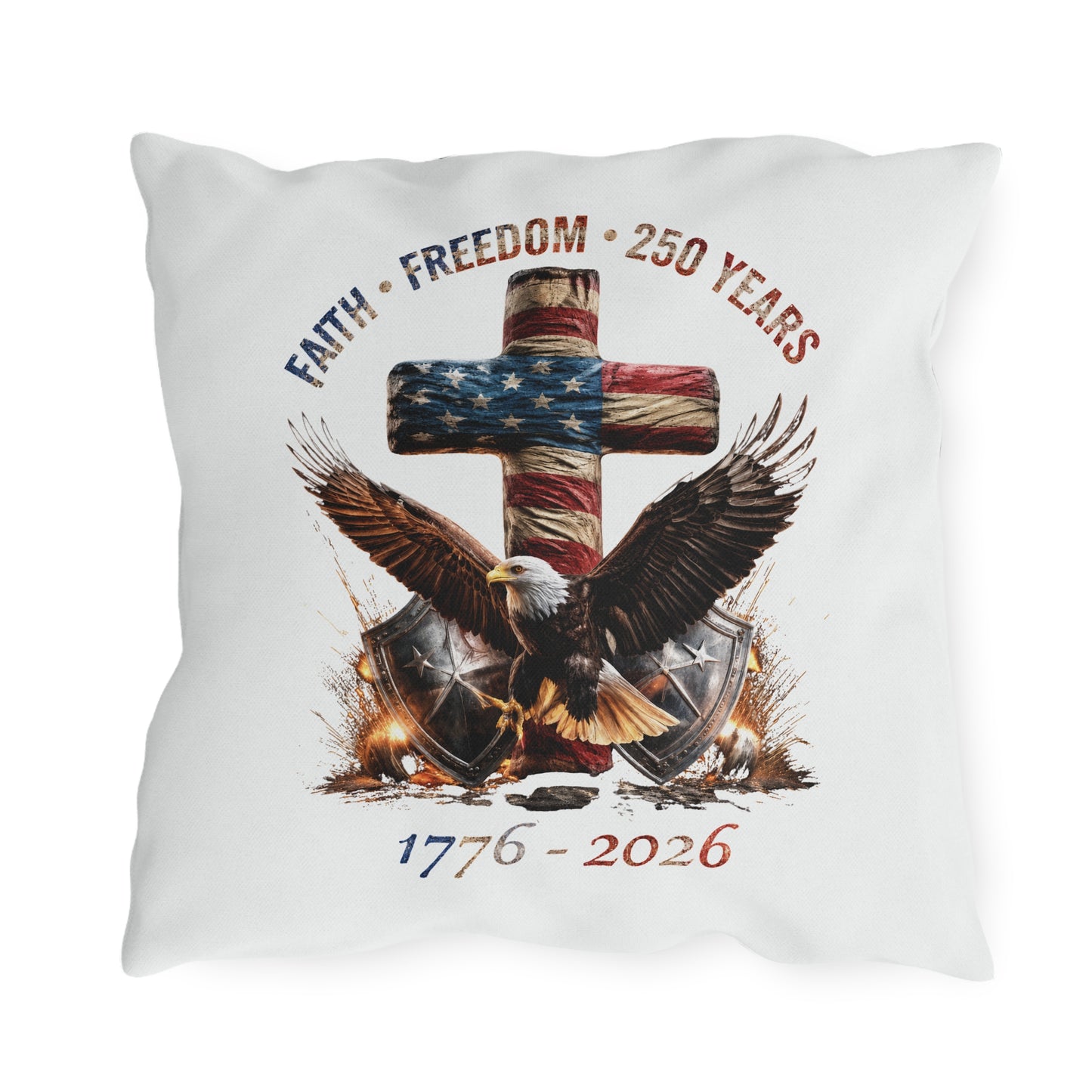 #250 Faith • Freedom 250 Years American Flag Cross & Eagle 1776-2026 Outdoor Throw Pillow