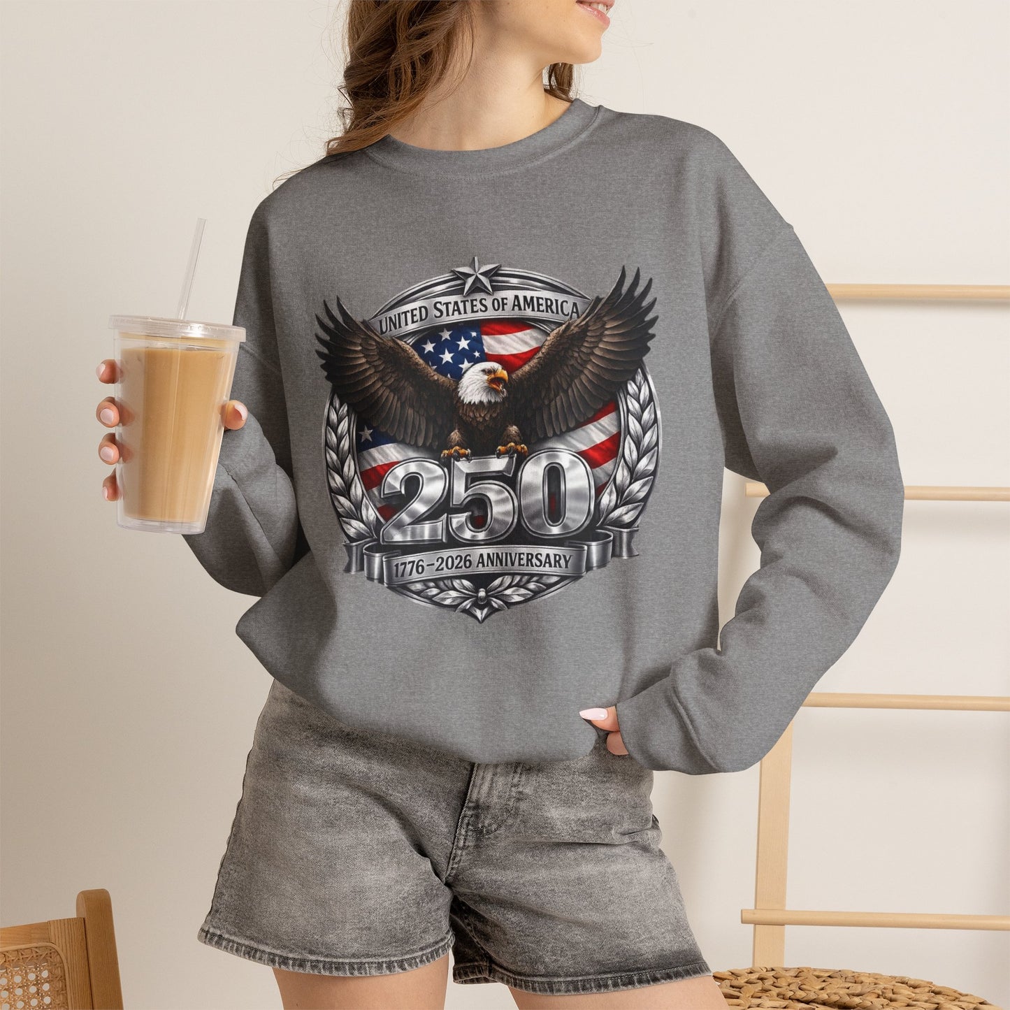 #250 Patriotic Bald Eagle 250 United States Emblem Crewneck Sweatshirt