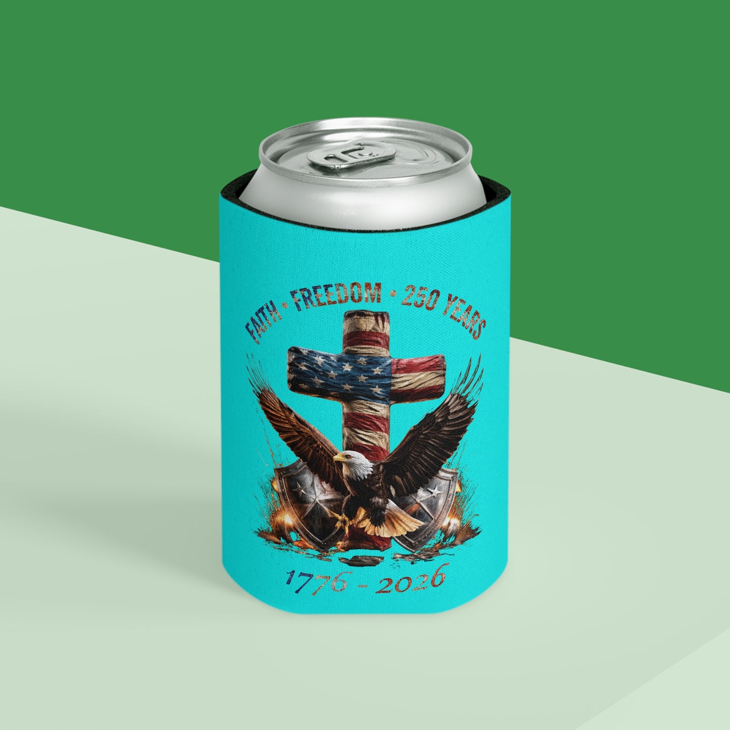 #250 Faith • Freedom 250 Years American Flag Cross & Eagle 1776-2026 Can Cooler - Beverage Koozie