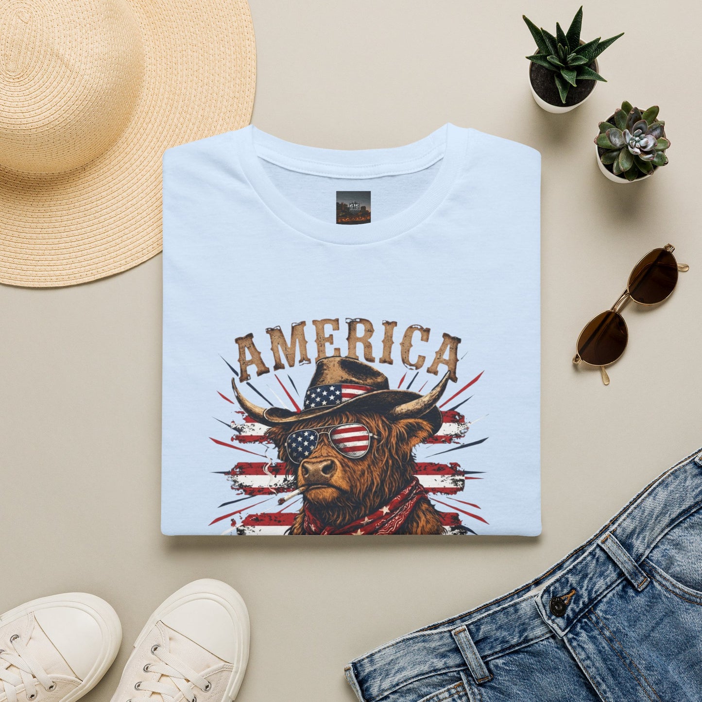 #250 America 250 Strong Patriotic Bull with American Flag T-Shirt