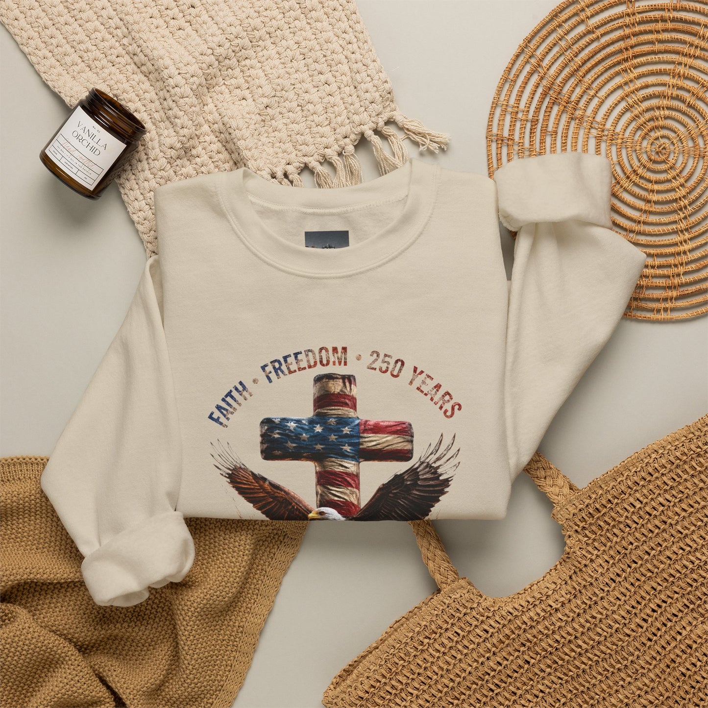 #250 Faith • Freedom 250 Years American Flag Cross & Eagle 1776-2026 Crewneck Sweatshirt