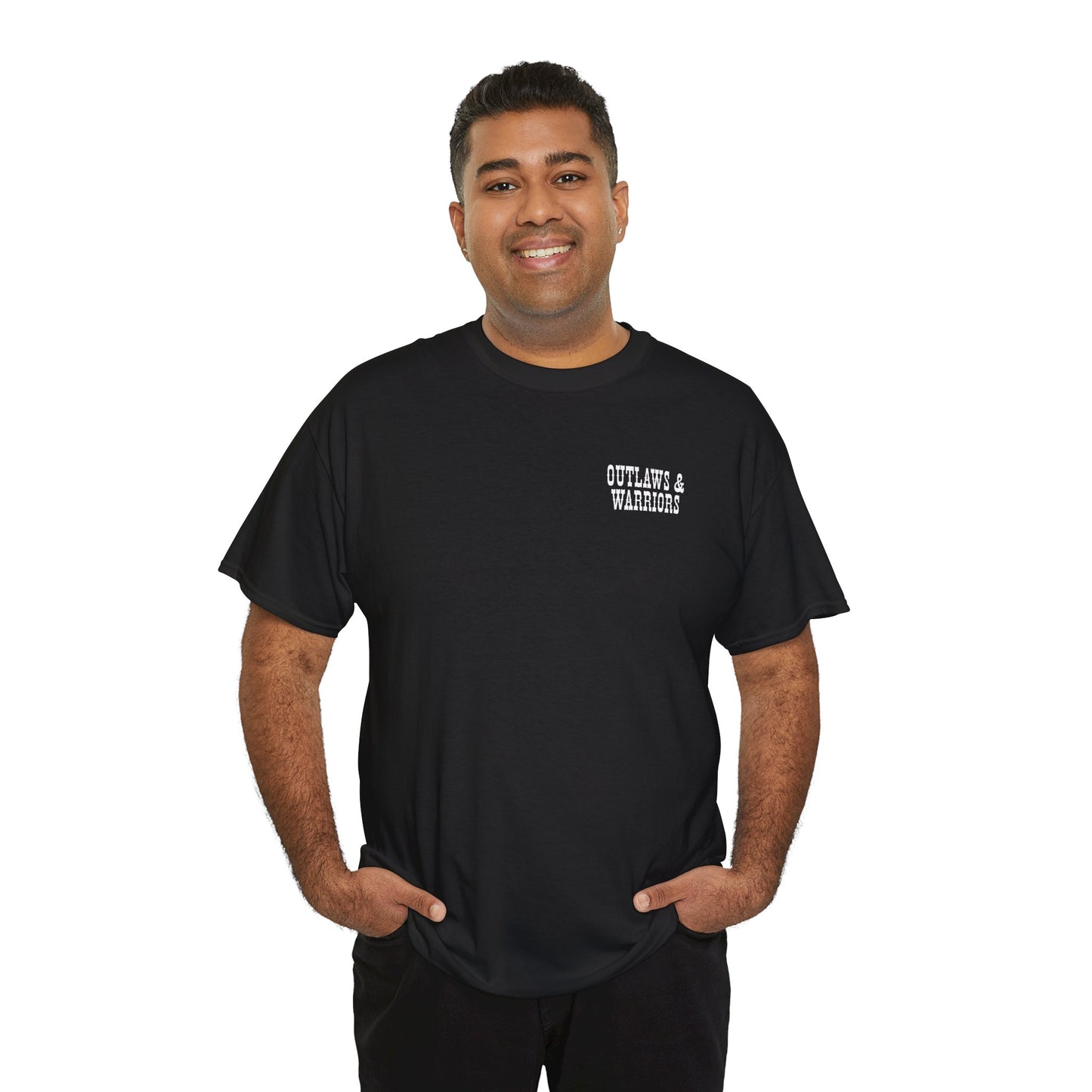 Outlaws & Warriors 100% Cotton T-Shirt — Minimal Chest Logo with Graphic On Back