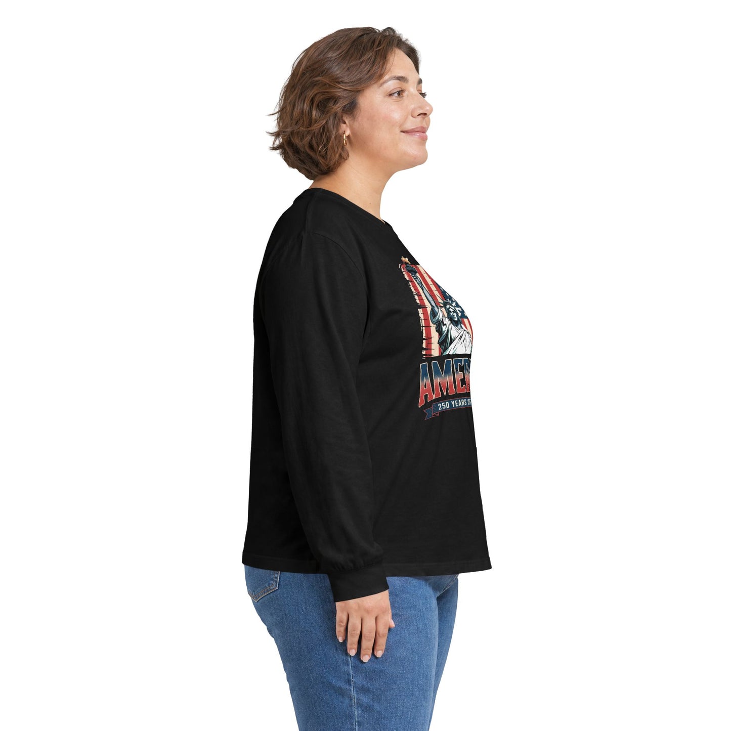 #250 Statue of Liberty American Flag 'America' Patriotic Independence Day Long Sleeve Tee