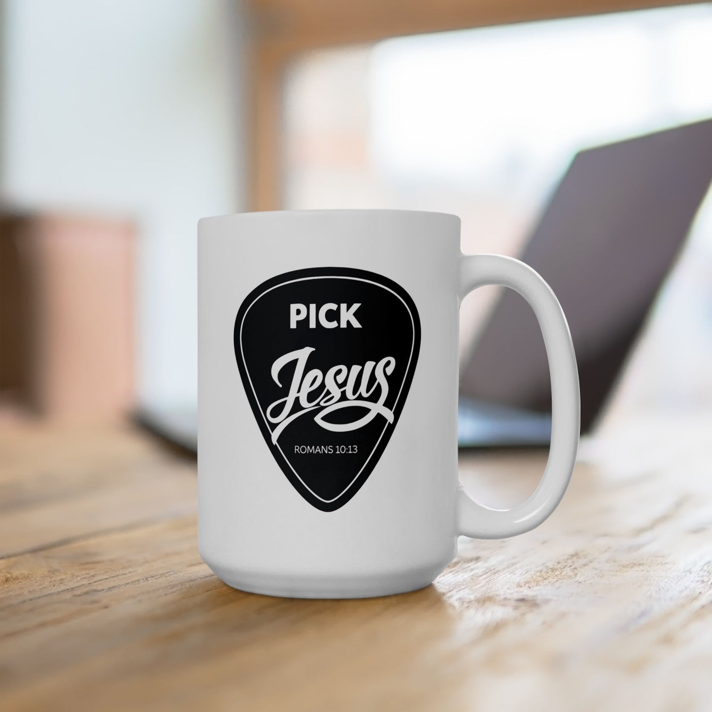 Pick Jeseus Guitar Pick Coffee Mug — Christian Guitar Pick Design (Romans 10:13) 15oz