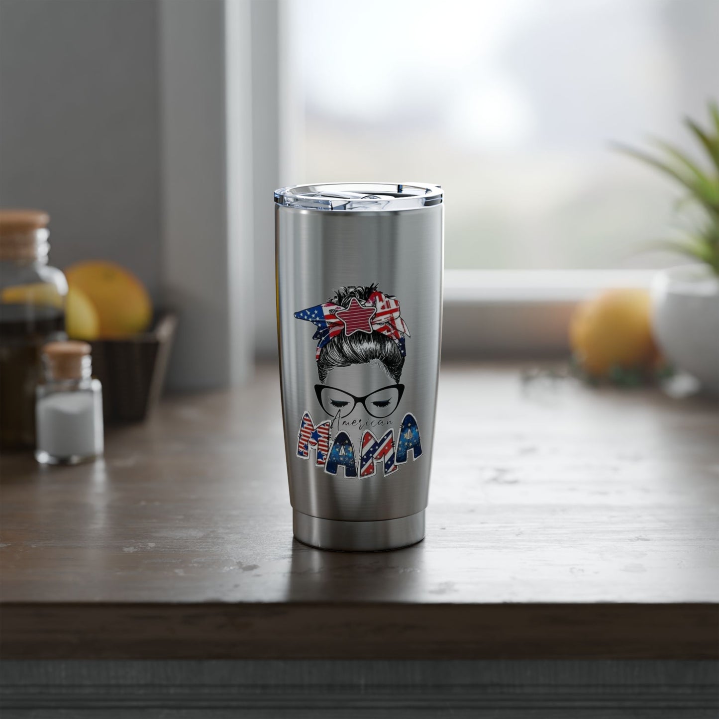 #250 Mama USA Flag Messy Bun 20oz Stainless Travel Tumbler 'Vagabond'