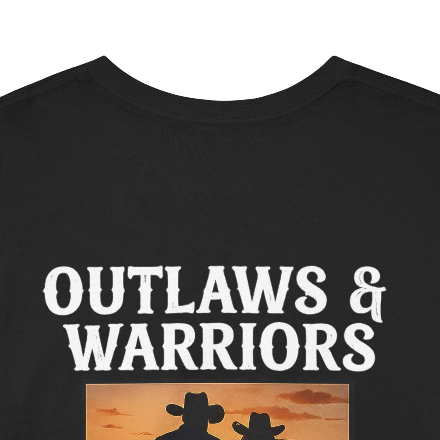 Outlaws & Warriors 100% Cotton T-Shirt — Minimal Chest Logo with Graphic On Back